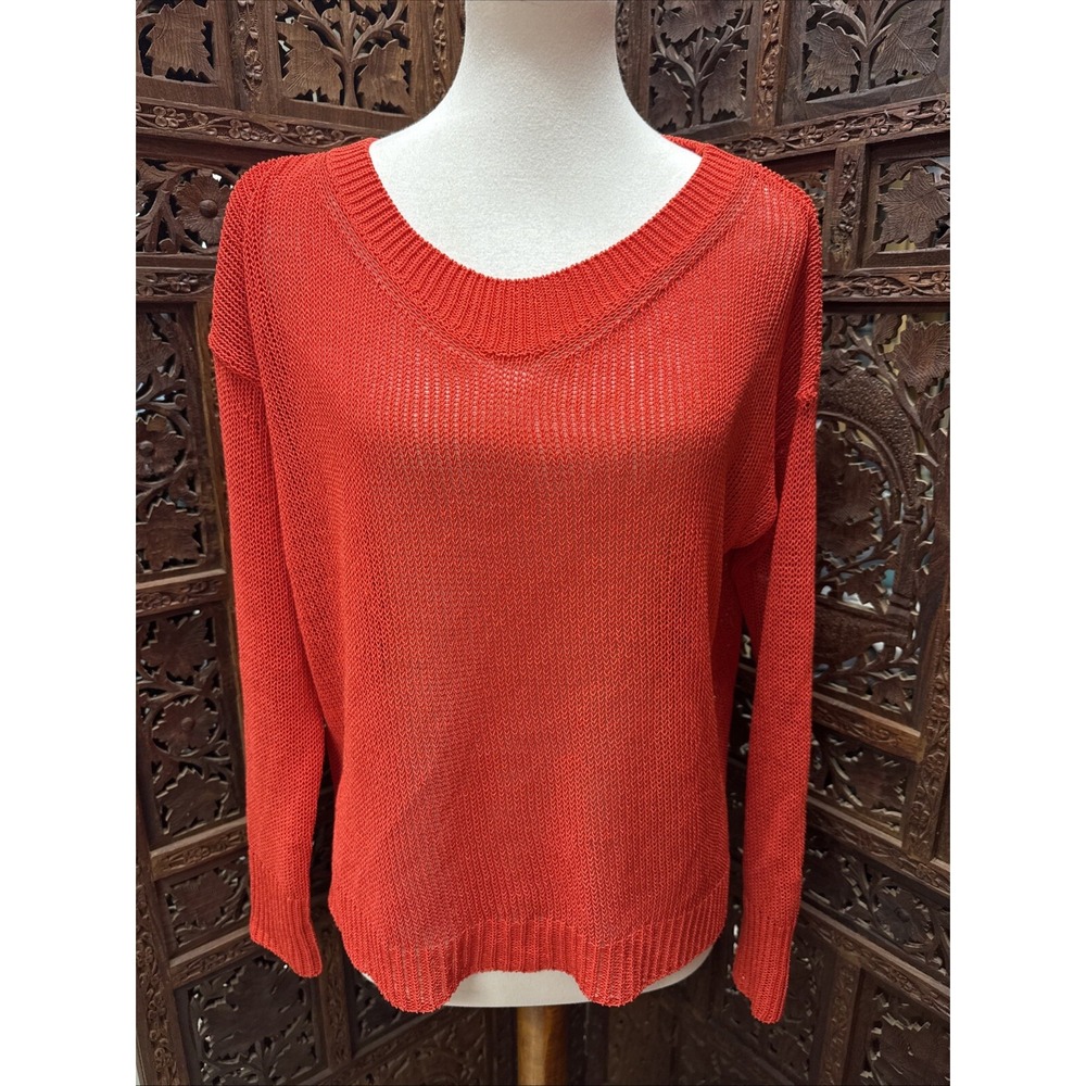 ANN TAYLOR S Open Knit Sweater Acrylic Orange Boat Pull Over